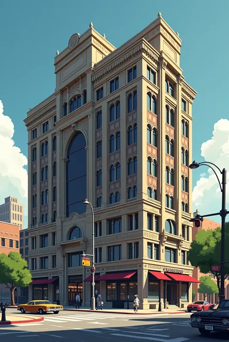 Generates a square image of the exterior of a modern government executive building，The painting style is more realistic，With a little cartoon，Darker tones,The style is mainly Western-style architecture，Don&#39;t want a square building
