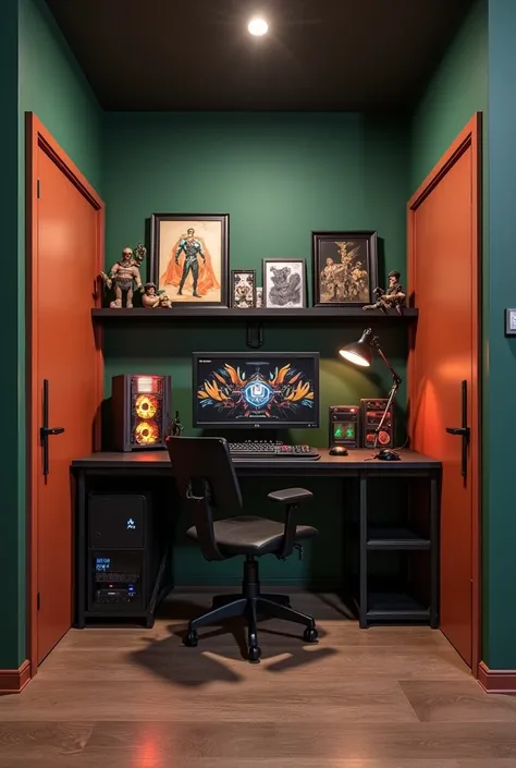 Crie uma parede onde tem o setup gamer. This wall has two doors, one on each side, and the setup is in the middle.. The central wall is 180cm wide and the computer desk is 136cm wide. Also add upper shelves to the wall.. As  cores: dark green, ivory, dark ...