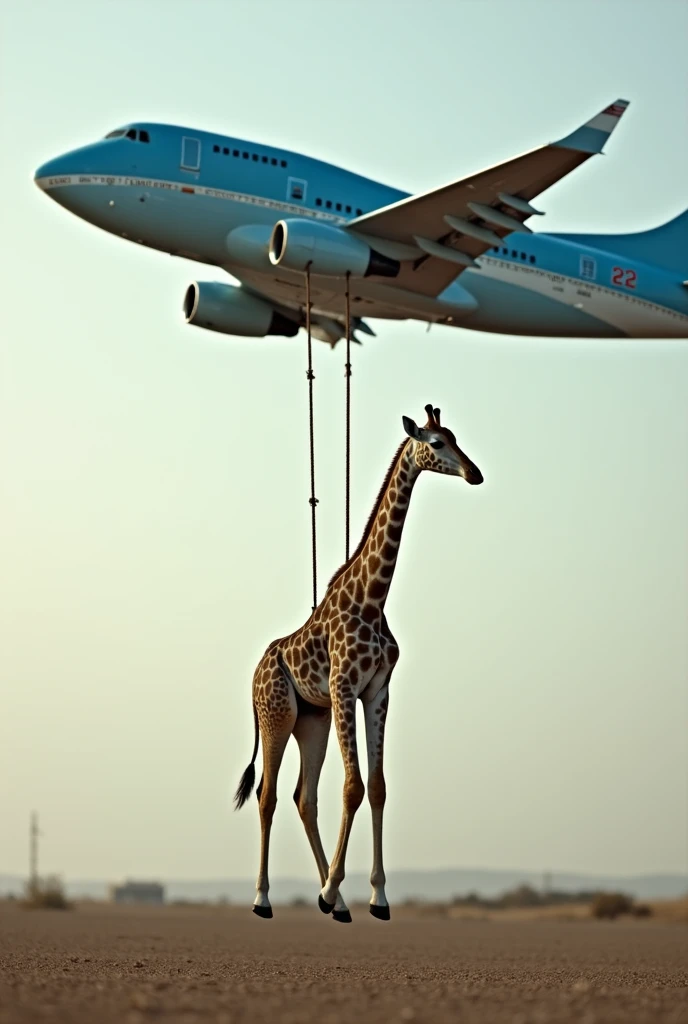 A small giraffe being carried dead tied to a rope by a blue plane with the number 22 on it