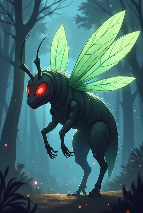 Un pokemon légendaire qui ressemble a une abeille de type spectre et poison avec trois paires dailes et les yeux rouges .
Avec un style graphique de la 3e generation de pokemon .
Il mesure 50cm .
Son dresseur de pokemon est avec lui .
