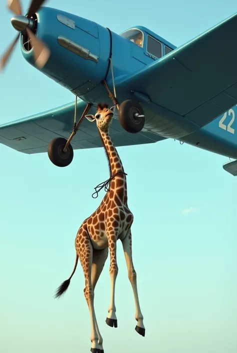 Small giraffe being carried tied by the legs with a rope by a blue airplane with the number 22