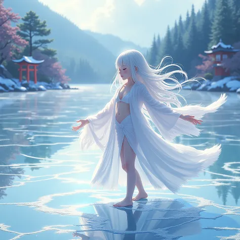 Shrine maiden、White Hair、Japanese women、Ice on the lake、frost、Zigzag cracks in the ice、Open your arms、Child-like proportions、Thin feather robe、transparentな衣、transparent、Unbuttoned、belly button、Standing on tiptoes，Rainbow-colored ripples、landscape、Realism, ...