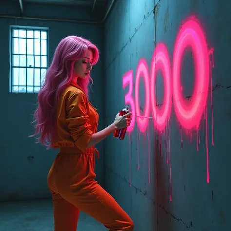 Ava Kim, a stunning 2 South Korean woman with long, wavy pink hair cascading down to her waist, is standing in a dimly lit jail cell. She is wearing an orange jumpsuit, slightly unzipped to reveal a hint of her curvaceous hourglass figure. With a focused a...