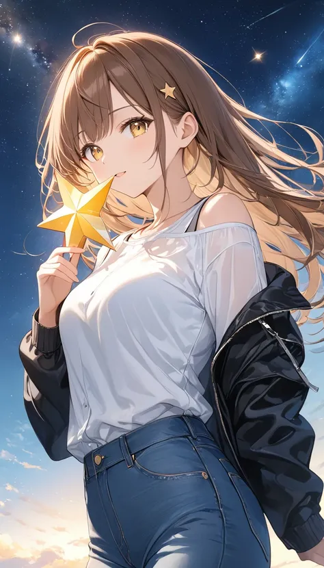 anime、((Amazingly absurd)),(masterpiece:1.2),超High resolution, Attention to detail, high quality, High resolution, 最high quality, 4K, 8k、Woman holding a star、White shirt、Undo the first button、Wear a black drop shoulder jacket、Wearing jeans、Wink、Yellow Eyes...