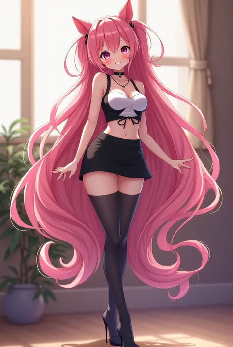 Absurdly Long Hair, Teen, Twintails, Braid, Bangs, Parted Bangs, Pink Hair, Large breasts, Cat Ears, Hoop Earrings, Blush, Smile, Parted Lips, Teeth, Makeup, From Behind, Bending Over, Black White Crop Top, Cute Black Mini Skirt, Stockings, Black High Heel...