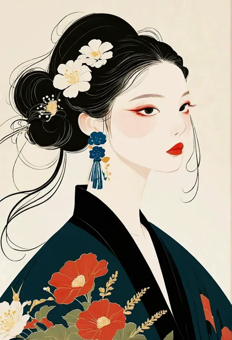 illustration of a woman with a black top and flowers in her hair, by mei qing, trending on artstration, by li song, by ni tian, ...