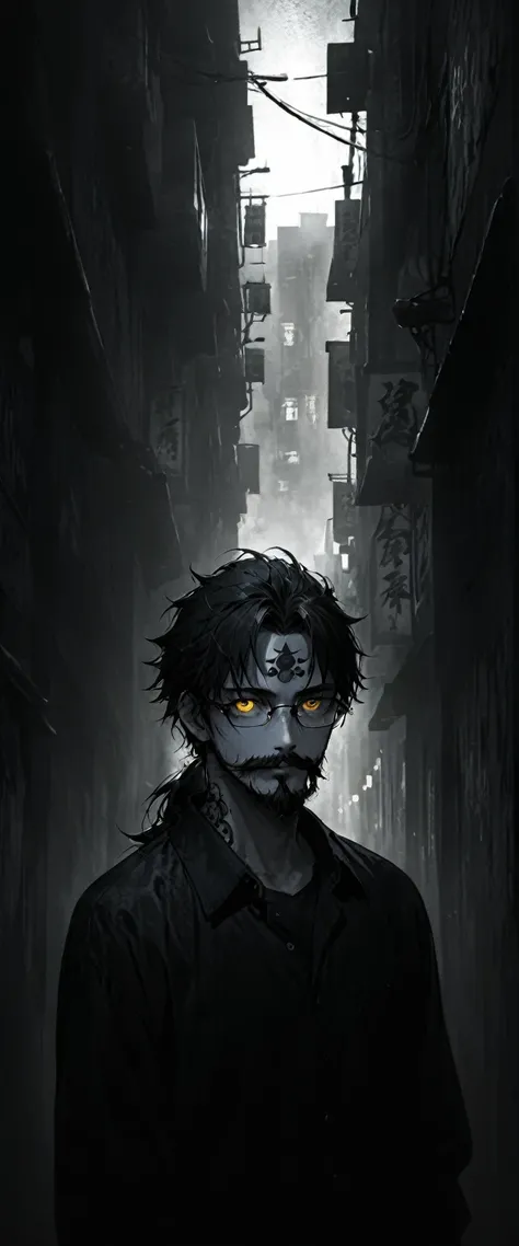 Anime Style。(((One personで: 1.2))),Alley in the fog。Glasses。Bust Shot。portrait。medium shot。Gold decoration。Thin young man in a black silk shirt。Nihilistic smile, mustache, beard and long hair。He has a black tattoo on his forehead。Golden Eyes。One person。dar...