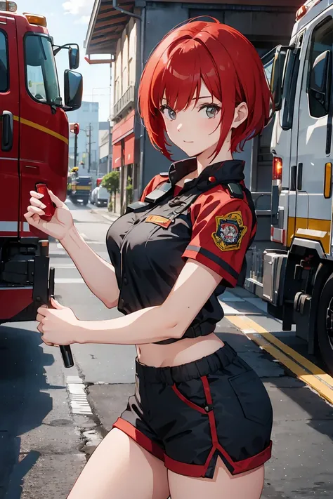 Firefighter girl with red short hair