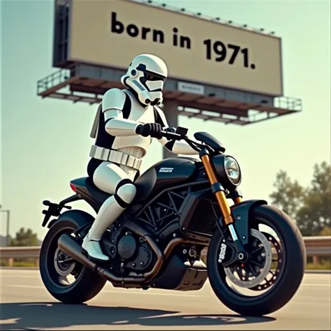 un stormtrooper sur une ducati diavel, en arrière-plan se trouve un panneau publicitaire sur lequel est écrit "BORN IN 1971"