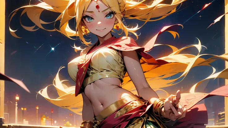 An anime-style girl with long blonde hair, inspired by Marin Kitagawa, wearing a traditional Indian saree. The saree is beautifully draped in vibrant colors like red and gold, with delicate, intricate patterns. She has a playful smile, sparkling eyes, and ...