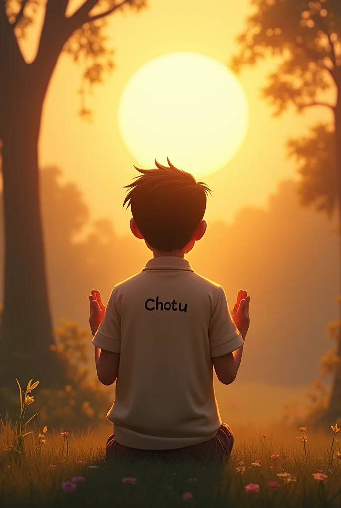 a boy pray sun front  A 20 year old boy is back side in front of him. Chhotu is written on the shirt back side.  It is day time. .