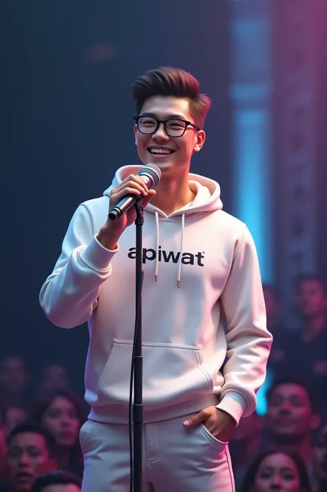 Create a realistic 3D image of a 30-year-old handsome man in a white Hoodie with the name "Apiwat" written on it, wearing luxury glasses and standing on a stage with a microphone in front of his mouth, a smile on his face, He Looks ahead. Boy playing guita...