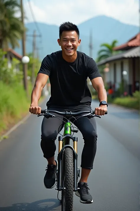 ((best quality)), ((masterpiece)), (detailed), perfect face,A handsome Indonesian man, athletic, gentleman,Clean white skin,Shiny black hair ,, luxury sneakers,Sitting on a mountain bike ,Smooth black asphalt road, bright atmosphere, mountains and beautifu...