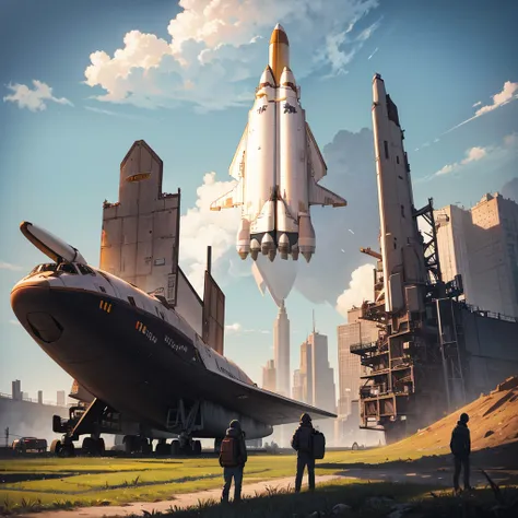 space shuttle in field rusted, landscape village, people standing, photorealistic, Simon stalenhag style