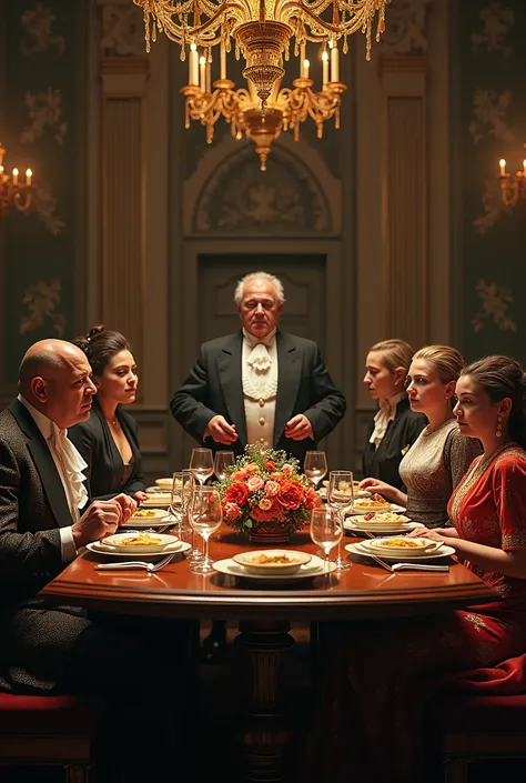 A proud and arrogant family, dressed in expensive clothes, sitting around a lavish dining table.