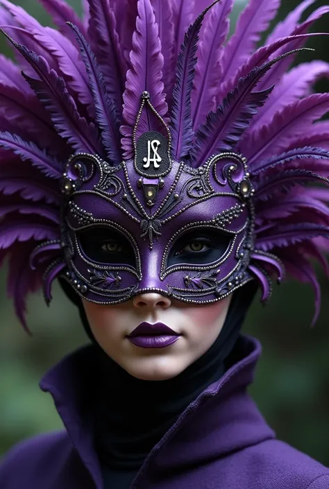 Make a maskara festival mask and theres a feathers side to side and top also and the color only is violet and black and in the middle put a letter indicates BSIS and give more design of it make it close up