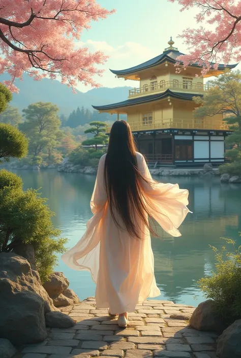 Long-haired beauty walking in Kinkakuji Temple