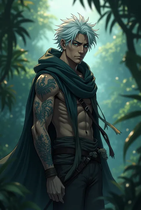 Anime style man with white hair, light eyes with dark circles, sad expression, jungle adventurer clothes with hooded poncho, arms showing, marks of evil on the arms 
