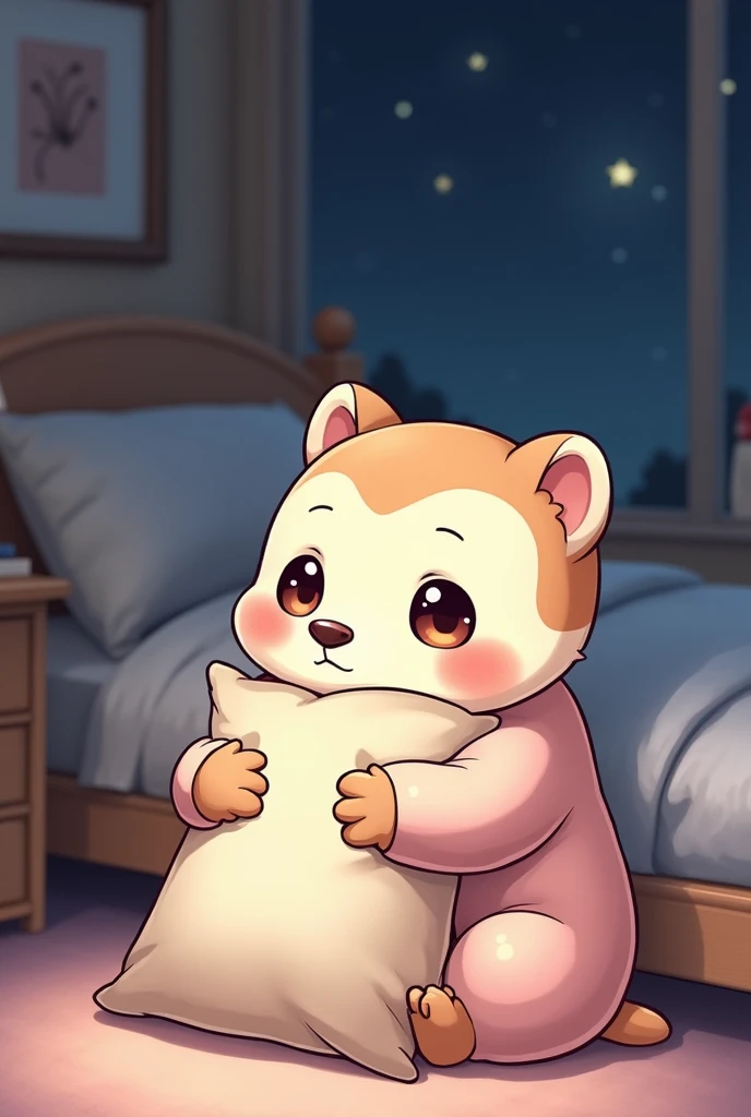 Line stamp specifications、anime、A cute character with small eyes, a stoat, is wearing pajamas and hugging a pillow tightly next to a child&#39;s bed.、Background is a bedroom at night