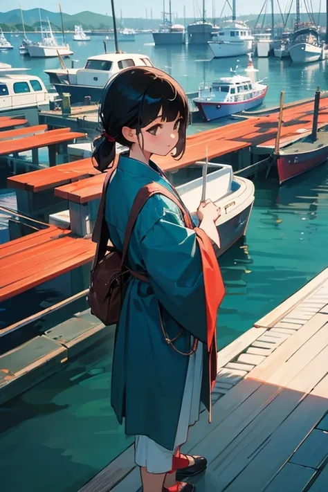  Asian girl standing at the harbor