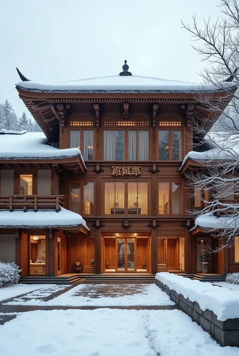 Fachada de um grande casa de banho termal elitista e requintada, feita de madeira e no estilo tradicional japonês. Snowy background, Thermal baths house wood made japanese traditional style construction