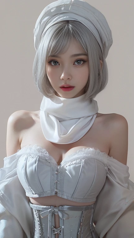 the same:0.8,
Depicts only one woman,

(Silver hair color:1.7),
(Bob cut hair:1.9),
((Skin age around 20 years old:1.3))

((Black Rose Hair Accessories)),
((Golden Necklace)),

((White Eyes:1.5)),
Natural skin texture,
Big boobs,
Narrow waist,
Muscular bod...