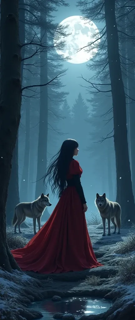  moonligh, black forest, wolves in the background almost imperceptible, high quality, Anime style, neve, red and black
