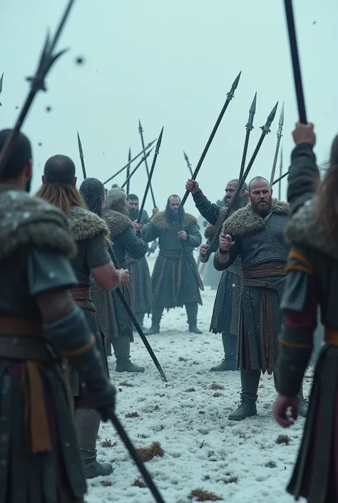 Vikings facing off in a final stand, knowing that their lives and honor are at stake. UHD, dramatic lighting, and high emotional intensity.