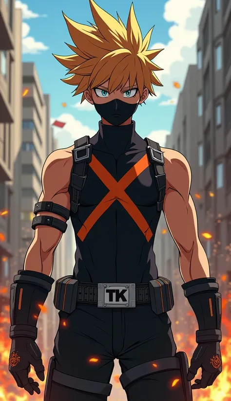 Create an 8K HDR image of Katsuki Bakugo, character from the anime "My Hero Academia". He is depicted in his usual combat armor. His hero costume is composed of a tight sleeveless black tank top, with an orange "X" in the middle, the two upper branches of ...