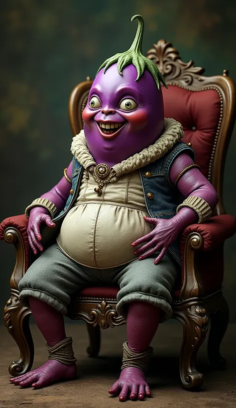 eggplant-headed supernatural humanoid creature, smiling, Alice in Wonderland, large mouth, chubby body, sitting on chair, extremely detailed intricate clothing, full body shot, 4k 8k realistic, masterpiece