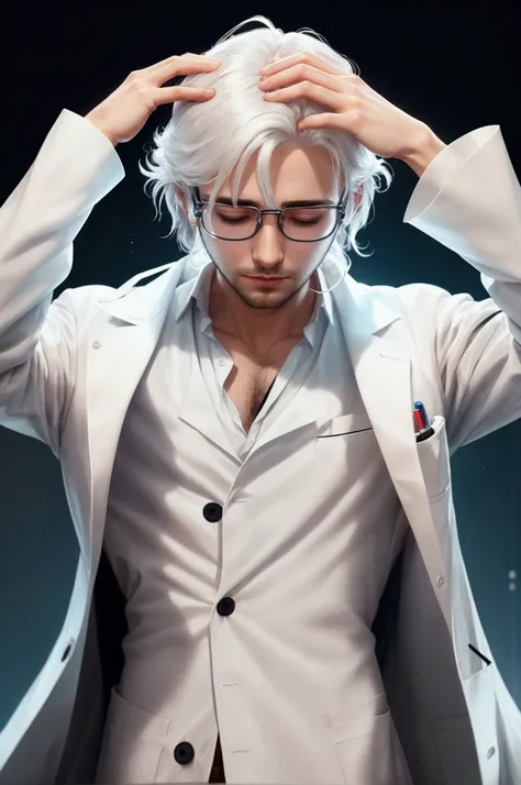 create a scientist in white lab coat looking forward, thoughtfully scratching his hair with his hand on his head