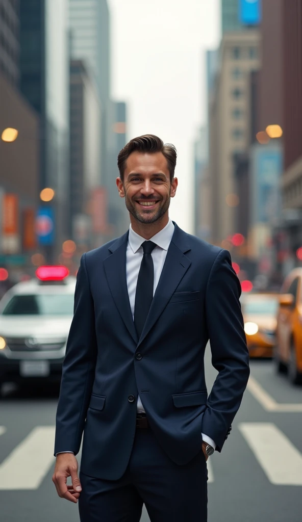 A model wearing a suit in the middle of a busy traffic road. smiling facing the camera, with a time lapse background, bokeh, realistic photo