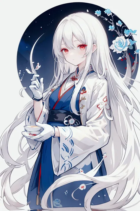 slightly wavy white hair, long hair, white eyelashes, red eyes, timid personality, clothes with blue roses,solo, 1, oriental style, wearing gloves, Elegant and cute