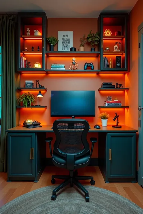 Crie uma parede onde tem o setup gamer. This wall has two doors, one on each side, and the setup is in the middle.. Also add upper shelves to the wall that sit above the doors.. As cores: dark green, ivory, dark terracotta and orange. The doors are on the ...