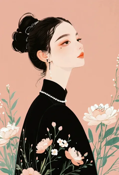 dark hair styled in a low bun, black high-collar dress, floral patterns with white and peach flowers, delicate flower hair acces...