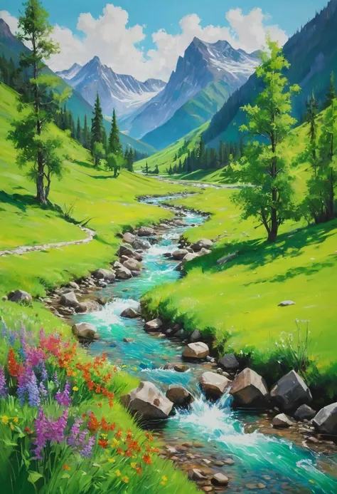 a painting of a mountain stream running through a bright green valley, have colourful flowers and bright green trees