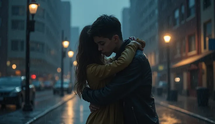 Boy and girl holding each other at night in the rain