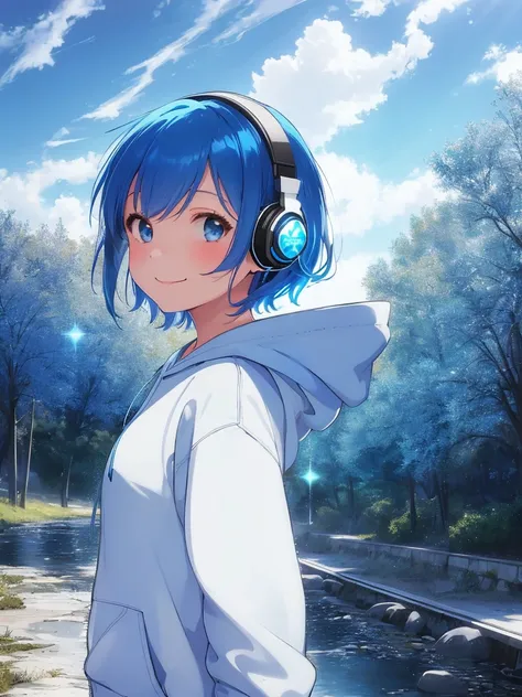 1girl, High Resolution, Short Hair, Smile, Blue Hair, Sparkle, Headphones, white hooded sweatshirt, From Side, Closed Mouth, Light Smile, Wide Shot, Sideways, Anime Style, dry river bed, sunlight, lawn