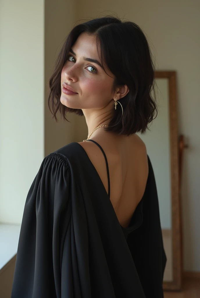 The 20-year-old Turkish influencer, standing at around 1.60 meters tall, is captured in front of the mirror in her room, wearing a sleek and elegant graduation dress. The outfit, a simple yet refined black gown, flows naturally over her frame, celebrating ...