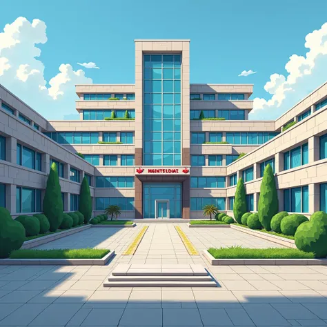 Generates a square image of the exterior of a modern government executive building，The painting style is more realistic，With a little cartoon，The style is mainly Western-style architecture,The overall view from above is composed of multiple buildings.