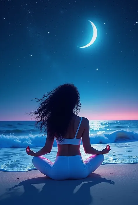 Starry sky with moon, woman meditating looking at the beach, black curly hair, white yoga jumpsuit, Estilo neon