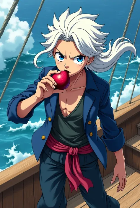 anime anime 2D, Young Pirate, White hair, blue eyes, fierce face, One Piece, Eating devil fruit, Standing on a boat.