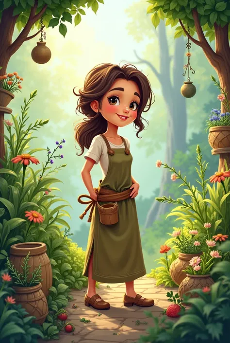 A herbalist surrounded by plants in a cartoon 