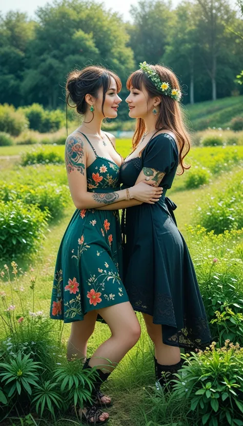 two women with tattoos on their arms and legs, wearing black stocking and black garter, surrounded by lush, green marijuana plan...