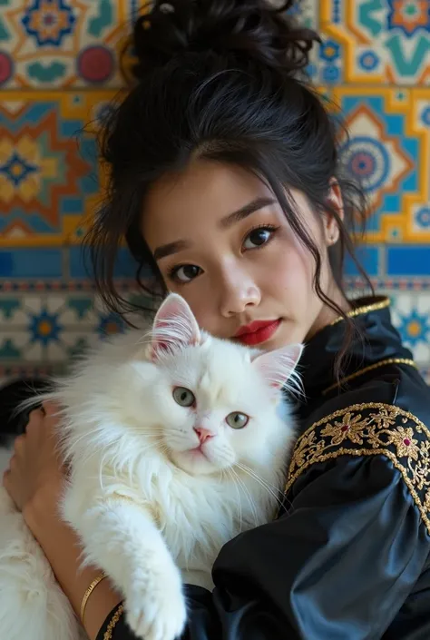 [girl, beautiful crystal blue eyes, Black curly hair tied up, Hugging her beautiful fluffy white Persian cat，and put your head on it.
 Moroccan tiles background , high detail, Volumetric light, 【8k, dull colors, Soft colors, bright and vivid, black satin, ...