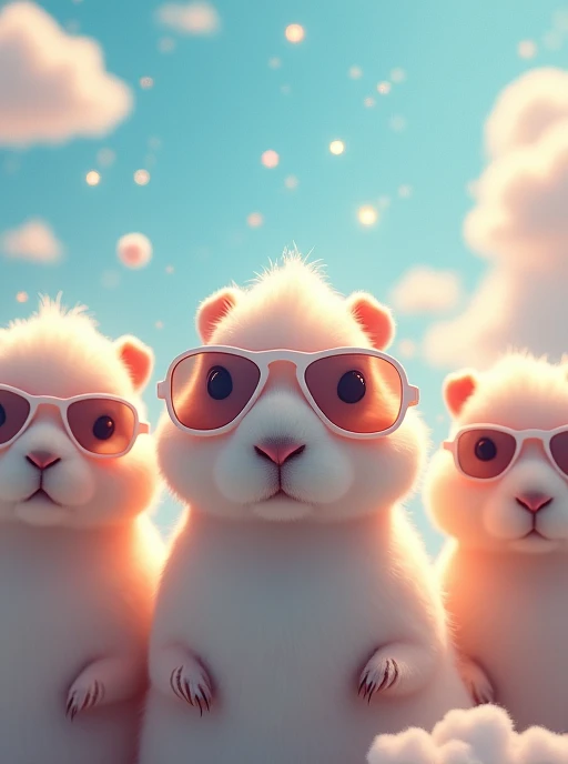 A group of capybaras wearing cute cloud-shaped sunglasses and a masterpiece of translucent light with a faint sparkle., Very detailed, Ultra high definition, Afterimage, Ultra Wide Angle, Sparkle Effect, Reflected Light, fluorescence, Gothic art, Backlight...