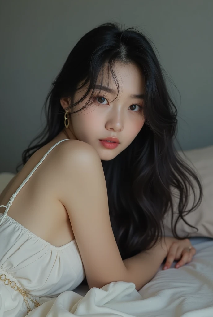 The image is a portrait of a young Korean woman with long wavy black hair. She is lying on her side on a bed. The woman is wearing nothing but a loose dress, with a jump necklace and a necklace. She has a serious, sweet smile on her face and is looking dir...