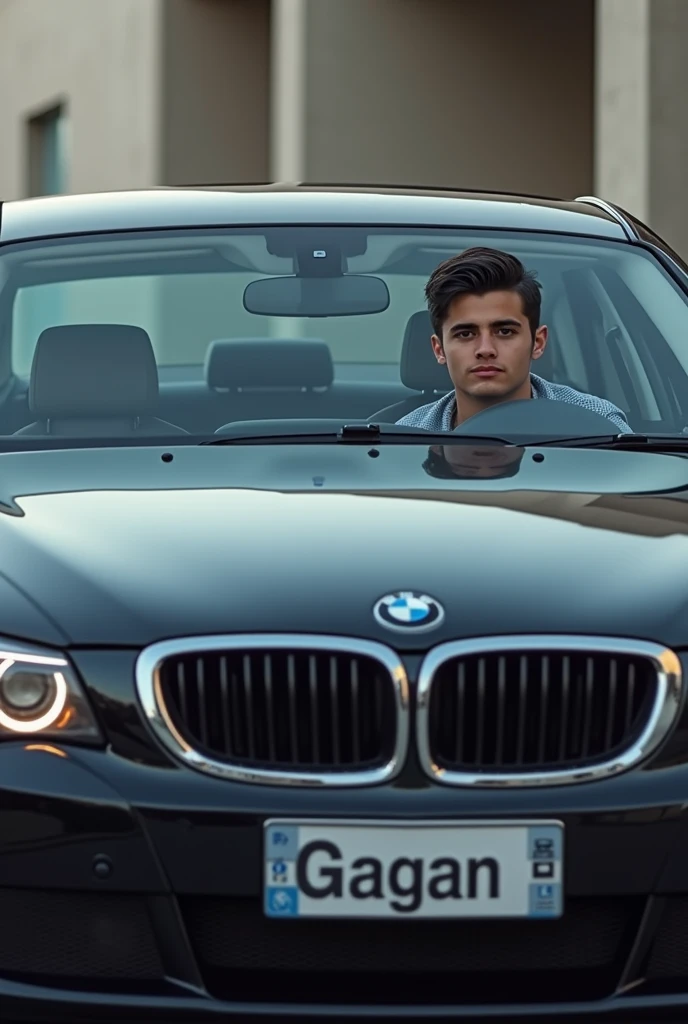 Image of a young man sitting BMWcar the number plate of car name gagan