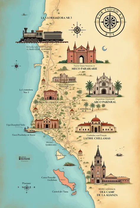 Create an image on a map of the city of Tacna and mark the places visited. Make a legend, with the places visited. Indicate the following in which part of the country the places visited are located. La locomotora nro 3 El museo ferroviario El arco parabóli...