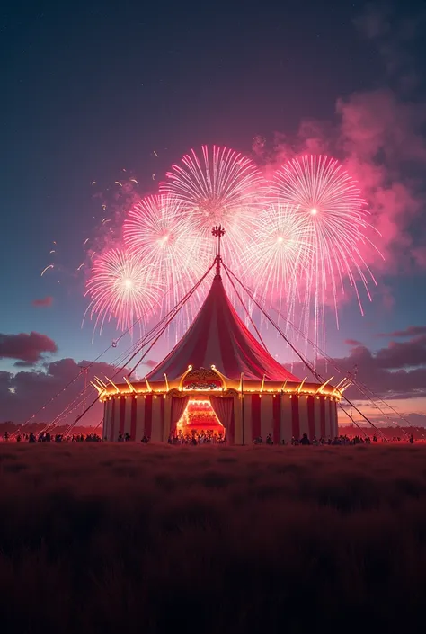 big top circus on front and it happend at night with many fire works and REMOVE PEOPLE and put this into field